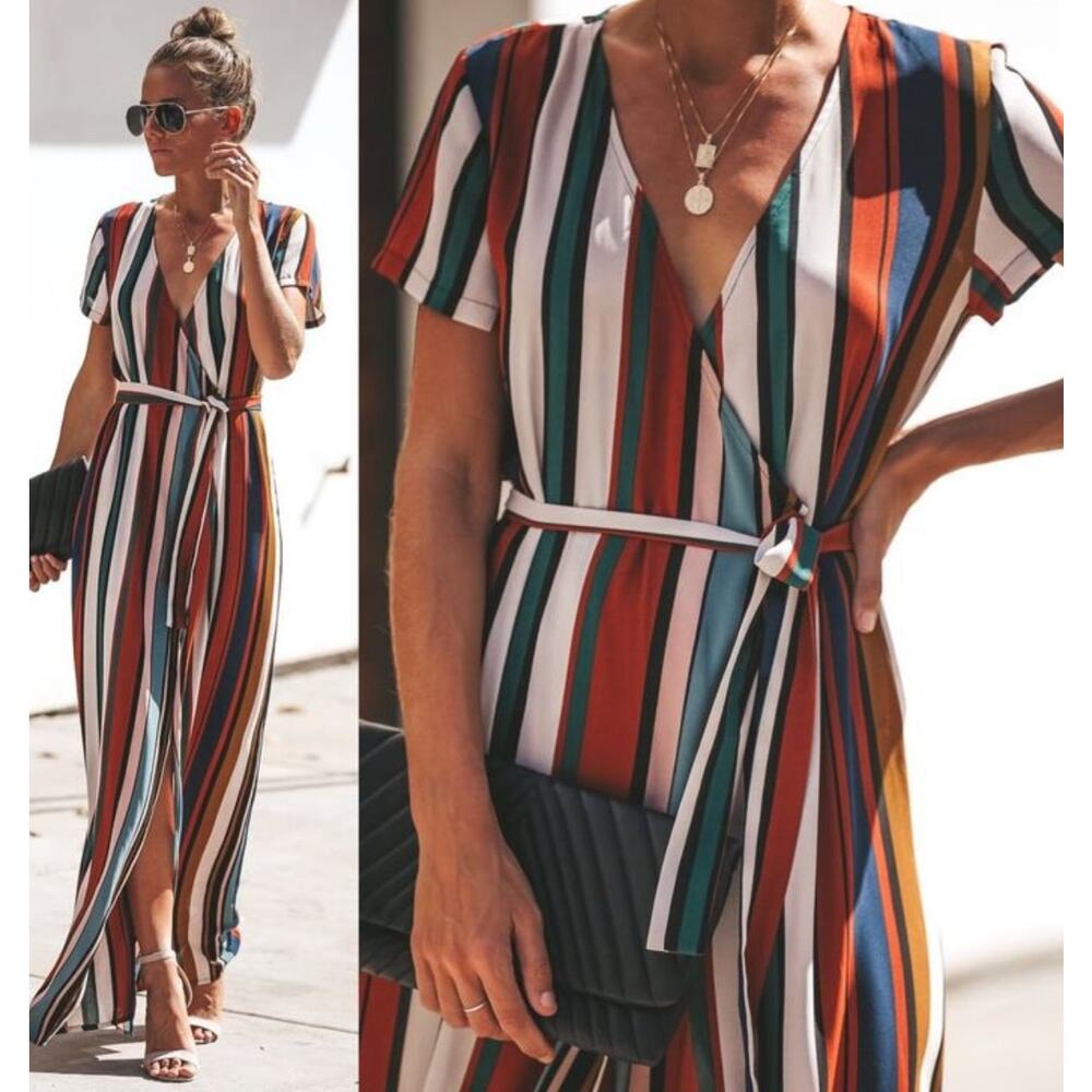 Striped V-Neck Belted Maxi Dress in Multi-Color